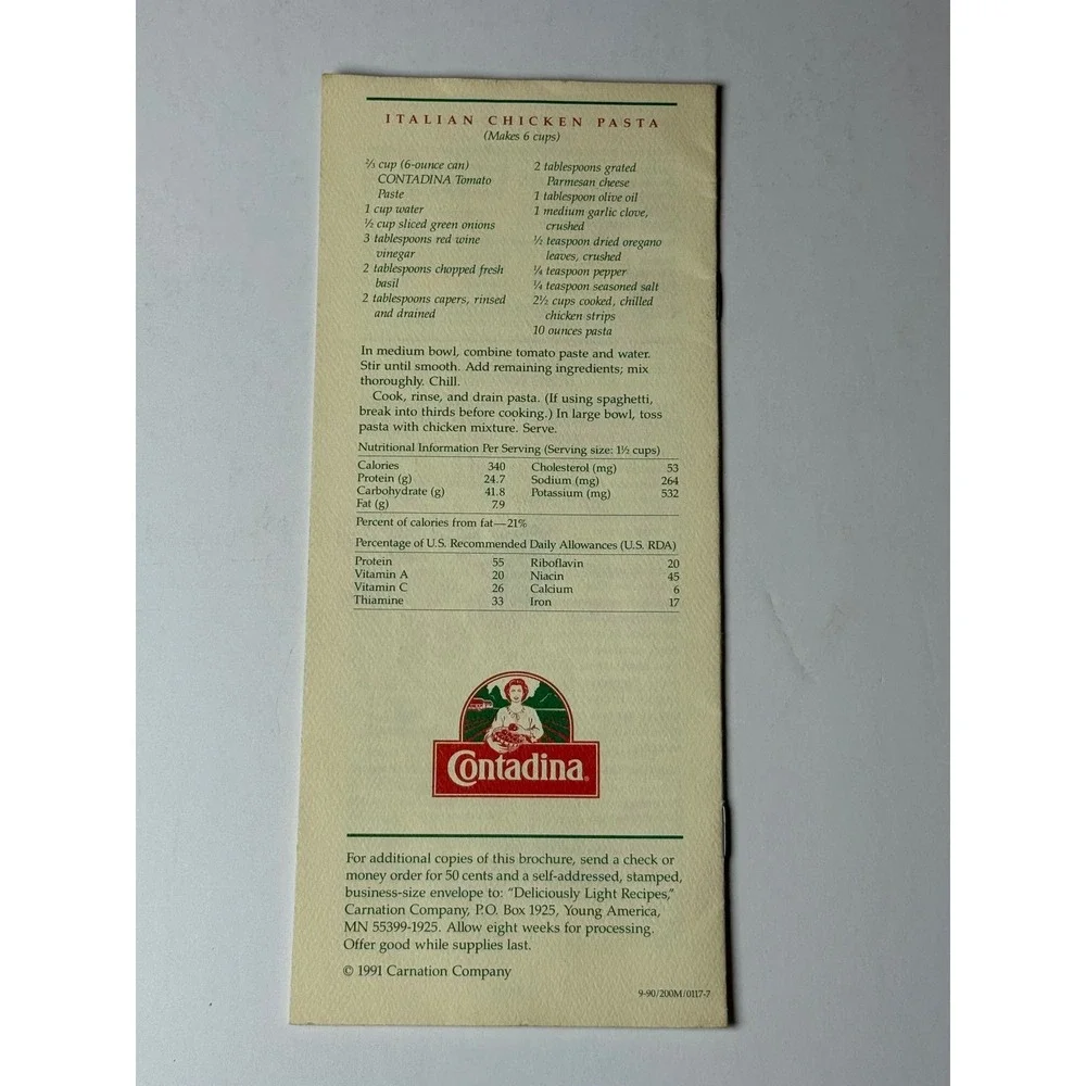 Vintage 1991 Contadina‎ Deliciously Light Recipes Booklet Tomato Paste Italian